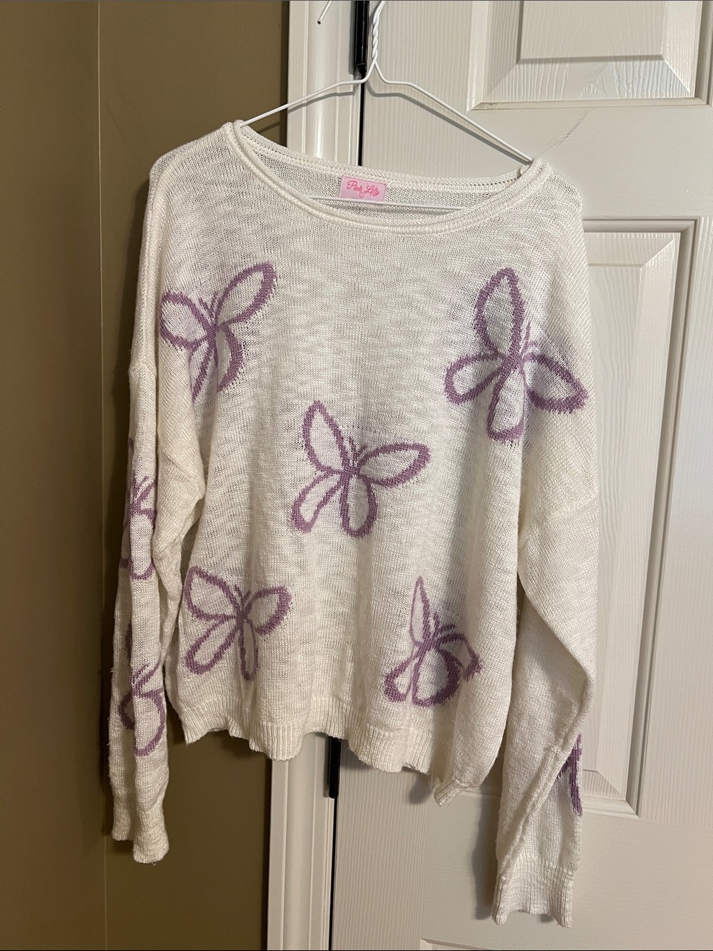 Pink Lily Cream Sweater with Lavender Butterfly Accents